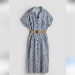 H&M Blue And White Patterned Belted Shirt Dress Size Medium